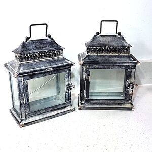 Set of 2 Lanterns. Rustic metal and glass. NEW no tags